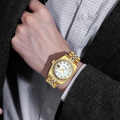ساعات أوتوماتيكية رجالية فاخرة ساعة يد أوتوماتيكية أنيقة ذاتية الرياح ستانلس ستيل نافذة تقويم مقاومة للماء ساعة يد ذهبية في الهواء الطلق، نمط العمل، هدايا in Kuwait