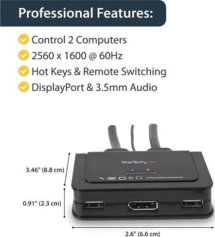 StarTech.com 2 Port DisplayPort Cable KVM Switch with Audio & Remote Control - 2560x1600 @60Hz- USB Powered - Dual Port DP USB KVM Switch (SV211DPUA),Black in Saudi Arabia