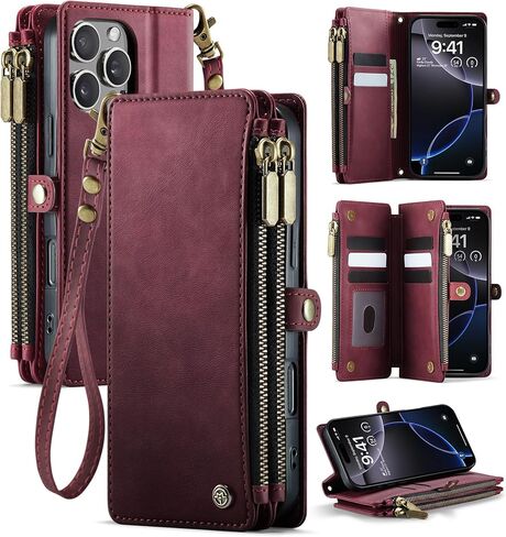 لـ iPhone 16 Pro Max Wallet مع RFID حظر جيوب 2-Zipper و Slots Slots وحزام بطاقة ائتمان خمر ناعم بو الجلود المغناطيسية الافتتاحية غطاء الهاتف الواقي ، burgundy in Kuwait