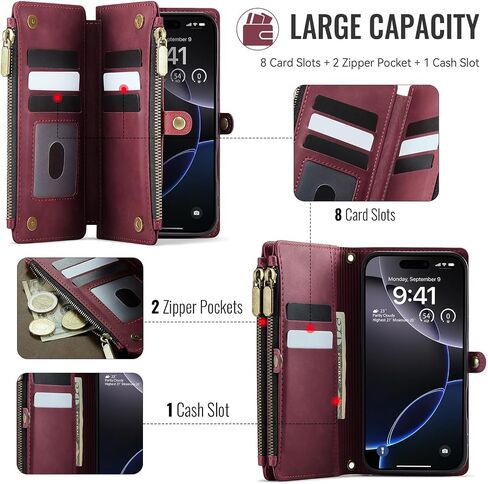 لـ iPhone 16 Pro Max Wallet مع RFID حظر جيوب 2-Zipper و Slots Slots وحزام بطاقة ائتمان خمر ناعم بو الجلود المغناطيسية الافتتاحية غطاء الهاتف الواقي ، burgundy in Kuwait
