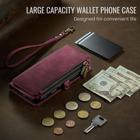 لـ iPhone 16 Pro Max Wallet مع RFID حظر جيوب 2-Zipper و Slots Slots وحزام بطاقة ائتمان خمر ناعم بو الجلود المغناطيسية الافتتاحية غطاء الهاتف الواقي ، burgundy in Kuwait