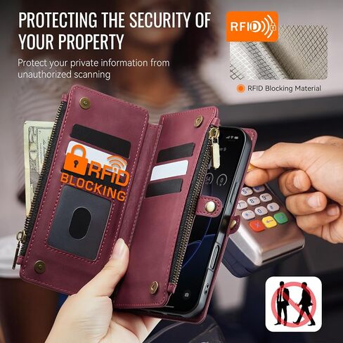 لـ iPhone 16 Pro Max Wallet مع RFID حظر جيوب 2-Zipper و Slots Slots وحزام بطاقة ائتمان خمر ناعم بو الجلود المغناطيسية الافتتاحية غطاء الهاتف الواقي ، burgundy in Kuwait