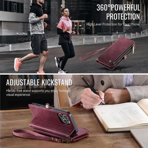 لـ iPhone 16 Pro Max Wallet مع RFID حظر جيوب 2-Zipper و Slots Slots وحزام بطاقة ائتمان خمر ناعم بو الجلود المغناطيسية الافتتاحية غطاء الهاتف الواقي ، burgundy in Kuwait