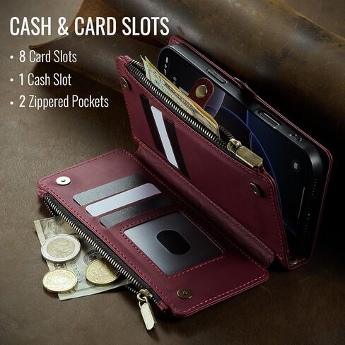 لـ iPhone 16 Pro Max Wallet مع RFID حظر جيوب 2-Zipper و Slots Slots وحزام بطاقة ائتمان خمر ناعم بو الجلود المغناطيسية الافتتاحية غطاء الهاتف الواقي ، burgundy in Kuwait