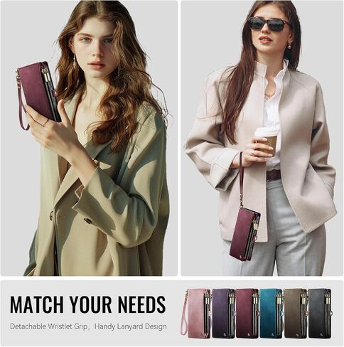 لـ iPhone 16 Pro Max Wallet مع RFID حظر جيوب 2-Zipper و Slots Slots وحزام بطاقة ائتمان خمر ناعم بو الجلود المغناطيسية الافتتاحية غطاء الهاتف الواقي ، burgundy in Kuwait