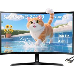 SAMSUNG 27" Essential S3 Series LED Curved Monitor, FHD 1800R, Game Mode, Dual Ports, Eye Comfort, 100Hz, Black, with GSF HDMI Cable in Kuwait