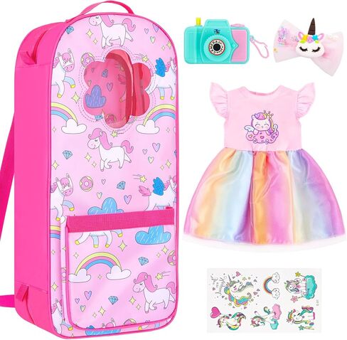 18INDC 7 Items 18 Inch Dolls Bag Carrier Set and Doll Accessories Including 18 Inch Doll Clothes, Sticker, Butterfly Hairpin, Bracelet and Toy Dog for 18 Inch Doll in Kuwait