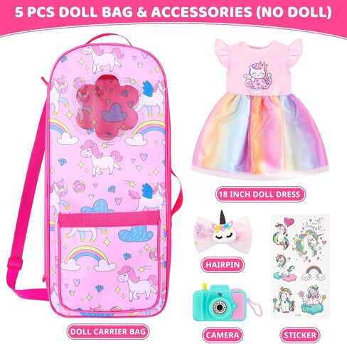18INDC 7 Items 18 Inch Dolls Bag Carrier Set and Doll Accessories Including 18 Inch Doll Clothes, Sticker, Butterfly Hairpin, Bracelet and Toy Dog for 18 Inch Doll in Kuwait