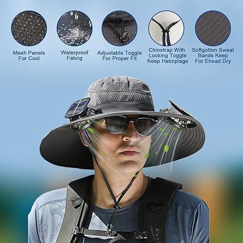 Solar Hat with Fan, Outdoor Wide Brim Solar Fan Outdoor Fishing Hat, Detachable and USB Rechargeable Fan, 3 Speed Adjustable Fan Hat. Black in Saudi Arabia