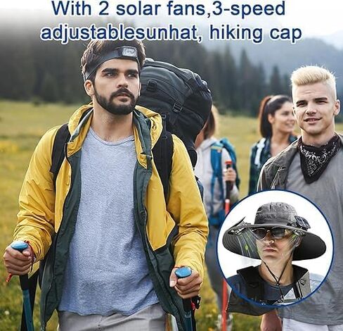 Solar Hat with Fan, Outdoor Wide Brim Solar Fan Outdoor Fishing Hat, Detachable and USB Rechargeable Fan, 3 Speed Adjustable Fan Hat. Black in Saudi Arabia