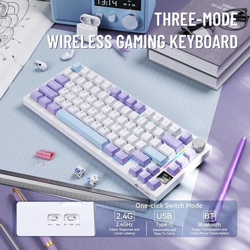 الهجوم Shark X820 لوحة مفاتيح ميكانيكية لاسلكية Ultra With TFT Smart Display & Knob ، 75 ٪ Bluetooth/2.4 جيجا هرتز/USB-C لوحة مفاتيح سلكية ، مفتاح خطي مثبت على الحشية مع كابل ملفوف ، للفوز/Mac-Moonlit in Kuwait