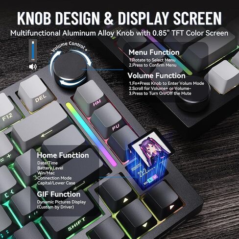 الهجوم Shark X820 لوحة مفاتيح ميكانيكية لاسلكية Ultra With TFT Smart Display & Knob ، 75 ٪ Bluetooth/2.4 جيجا هرتز/USB-C لوحة مفاتيح سلكية ، مفتاح خطي مثبت على الحشية مع كابل ملفوف ، للفوز/Mac-Moonlit in Kuwait