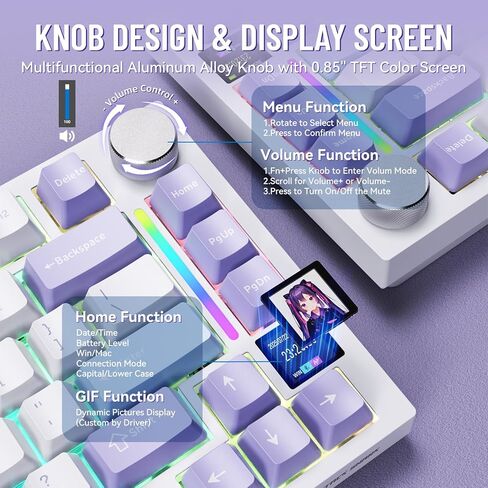 الهجوم Shark X820 لوحة مفاتيح ميكانيكية لاسلكية Ultra With TFT Smart Display & Knob ، 75 ٪ Bluetooth/2.4 جيجا هرتز/USB-C لوحة مفاتيح سلكية ، مفتاح خطي مثبت على الحشية مع كابل ملفوف ، للفوز/Mac-Moonlit in Kuwait