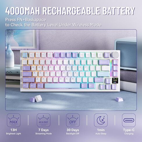 الهجوم Shark X820 لوحة مفاتيح ميكانيكية لاسلكية Ultra With TFT Smart Display & Knob ، 75 ٪ Bluetooth/2.4 جيجا هرتز/USB-C لوحة مفاتيح سلكية ، مفتاح خطي مثبت على الحشية مع كابل ملفوف ، للفوز/Mac-Moonlit in Kuwait