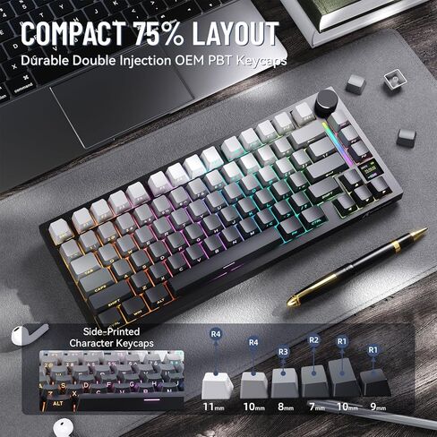 الهجوم Shark X820 لوحة مفاتيح ميكانيكية لاسلكية Ultra With TFT Smart Display & Knob ، 75 ٪ Bluetooth/2.4 جيجا هرتز/USB-C لوحة مفاتيح سلكية ، مفتاح خطي مثبت على الحشية مع كابل ملفوف ، للفوز/Mac-Moonlit in Kuwait