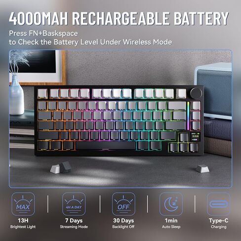 الهجوم Shark X820 لوحة مفاتيح ميكانيكية لاسلكية Ultra With TFT Smart Display & Knob ، 75 ٪ Bluetooth/2.4 جيجا هرتز/USB-C لوحة مفاتيح سلكية ، مفتاح خطي مثبت على الحشية مع كابل ملفوف ، للفوز/Mac-Moonlit in Kuwait