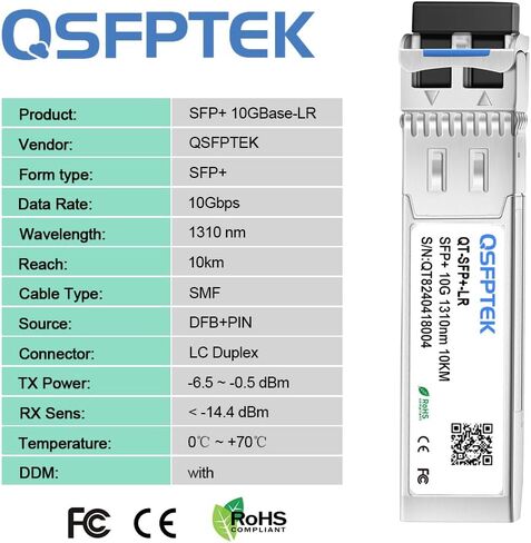 QSFPTEK 10GBASE-LR SFP Module, 10gbe SFP+ 1310nm 10km Duplex LC SMF DOM Optical Networking Transceivers, MINI GBIC Compatible SFP-10G-LR, and Other Open Switch, 1pc in Kuwait