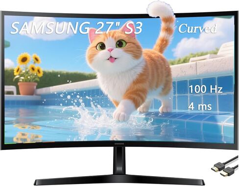 Samsung 27 "SPARING S3 Series LED Mongved ، FHD 1800R ، وضع اللعبة ، المنافذ المزدوجة ، راحة العين ، 100 هرتز ، أسود ، مع كابل GSF HDMI in Kuwait