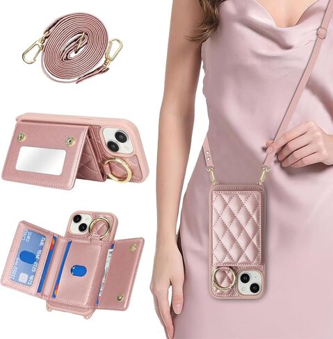 for iPhone 14 Pro Max Case with Card Holder and Strap for Women,Crossbody Lanyard, Make Up Mirror,Ring Stand,Snap Clasp,Cute Phone Wallet Cases 6.7 inch - Black in Kuwait
