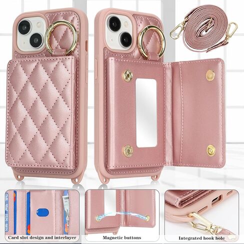 for iPhone 14 Pro Max Case with Card Holder and Strap for Women,Crossbody Lanyard, Make Up Mirror,Ring Stand,Snap Clasp,Cute Phone Wallet Cases 6.7 inch - Black in Kuwait
