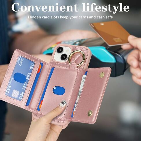 for iPhone 14 Pro Max Case with Card Holder and Strap for Women,Crossbody Lanyard, Make Up Mirror,Ring Stand,Snap Clasp,Cute Phone Wallet Cases 6.7 inch - Black in Kuwait