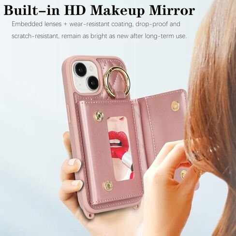 for iPhone 14 Pro Max Case with Card Holder and Strap for Women,Crossbody Lanyard, Make Up Mirror,Ring Stand,Snap Clasp,Cute Phone Wallet Cases 6.7 inch - Black in Kuwait