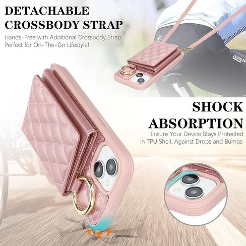for iPhone 14 Pro Max Case with Card Holder and Strap for Women,Crossbody Lanyard, Make Up Mirror,Ring Stand,Snap Clasp,Cute Phone Wallet Cases 6.7 inch - Black in Kuwait