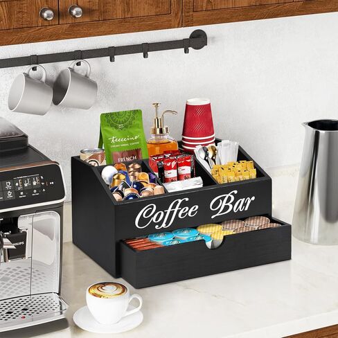 Farmhouse Wooden Coffee Bar Organizer - Countertop Station With Drawer, Pods Holder & Storage Basket in Kuwait