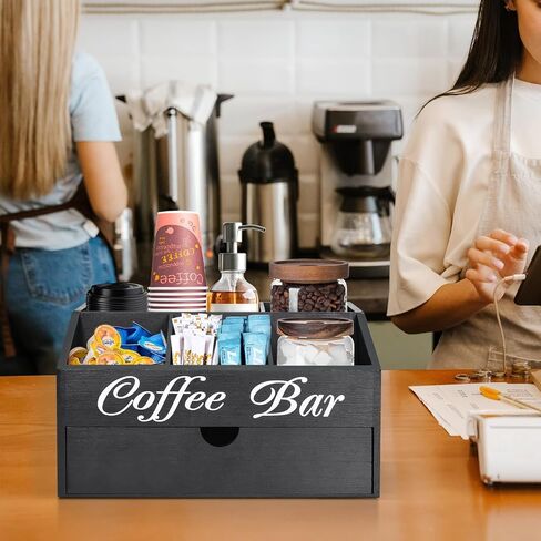 Farmhouse Wooden Coffee Bar Organizer - Countertop Station With Drawer, Pods Holder & Storage Basket in Kuwait