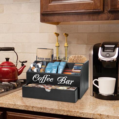 Farmhouse Wooden Coffee Bar Organizer - Countertop Station With Drawer, Pods Holder & Storage Basket in Kuwait