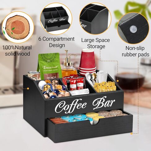 Farmhouse Wooden Coffee Bar Organizer - Countertop Station With Drawer, Pods Holder & Storage Basket in Kuwait