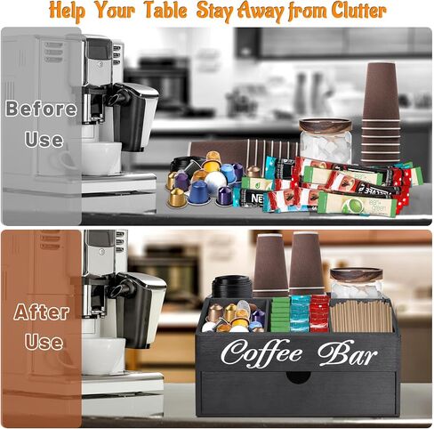 Farmhouse Wooden Coffee Bar Organizer - Countertop Station With Drawer, Pods Holder & Storage Basket in Kuwait