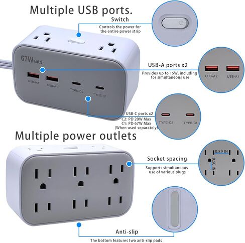67W Fast Charging Port Power Socket, 5.8 Feet Flat Extension Cord with 8 Outlets and 4 USB (2 USB-C) Fast Charging Ports, Essential for Office, Home, and Dormitory. in Saudi Arabia