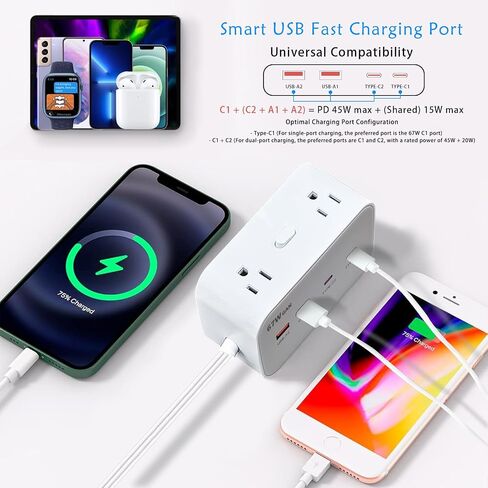 67W Fast Charging Port Power Socket, 5.8 Feet Flat Extension Cord with 8 Outlets and 4 USB (2 USB-C) Fast Charging Ports, Essential for Office, Home, and Dormitory. in Saudi Arabia