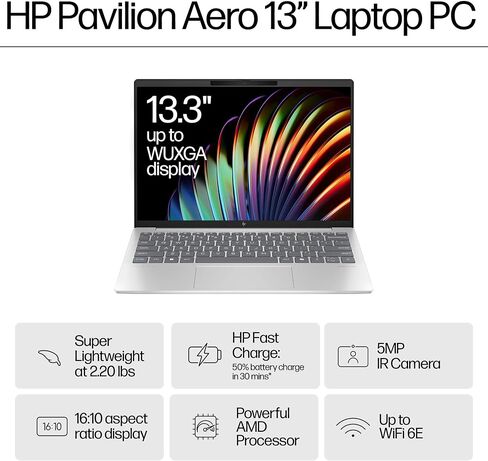 HP Pavilion Aero 13 LAPTOP 2025 13.3 "Wuxga 1920 × 1200 AMD Ryzen 7 8840U ، 8-Core ، AMD Radeon Graphics ، 16GB LPDDR5 ، 512GB SSD ، Backlit KB ، WI-FI 6E ، Bluetoot 5.3 ، 5MP IR in Kuwait