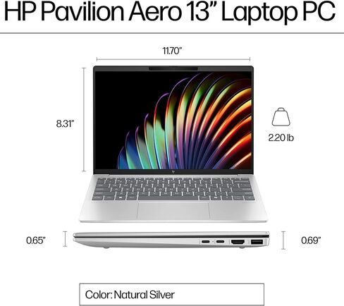 HP Pavilion Aero 13 LAPTOP 2025 13.3 "Wuxga 1920 × 1200 AMD Ryzen 7 8840U ، 8-Core ، AMD Radeon Graphics ، 16GB LPDDR5 ، 512GB SSD ، Backlit KB ، WI-FI 6E ، Bluetoot 5.3 ، 5MP IR in Kuwait