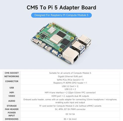 لوحة قاعدة Nano (B) لوحدة حساب Raspberry Pi 5، بنفس حجم CM5، مع واجهات طرفية متعددة، لوحة قاعدة لـ CM5 Lite/eMMC، موصل Gigabit Ethernet RJ45 @XYGStudy (CM5-NANO-B) in Kuwait