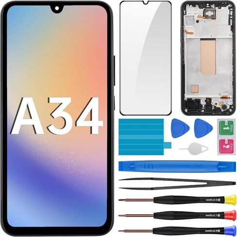 لاستبدال شاشة Samsung Galaxy A34 مع إطار شاشة LCD Displate Touch Digitizer التجميع الكامل وزر الجانبي أدوات مياه الأذن MOTING MOTION ALTERS KIT A346E A346B A346M in Saudi Arabia