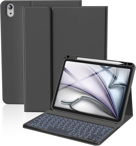 حالة لوحة مفاتيح AOB لـ iPad Air 11 Inch (M2) 2024 ، IPAD AIR 5th/4th Generation 10.9 "2022/2020-7 Color Backlit Backlit Detachable Keyboard Key مع حامل قلم رصاص ، أسود in Kuwait