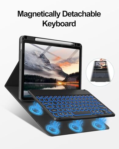 حالة لوحة مفاتيح AOB لـ iPad Air 11 Inch (M2) 2024 ، IPAD AIR 5th/4th Generation 10.9 "2022/2020-7 Color Backlit Backlit Detachable Keyboard Key مع حامل قلم رصاص ، أسود in Kuwait