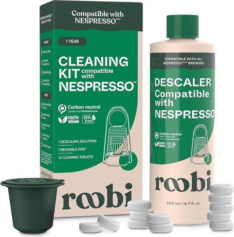 طقم Roobi Descaling and Cleaning متوافقة مع Nespresso Originaline. يتضمن زجاجة واحدة من محلول التخلص ، و 12 قرصًا للتنظيف و 1 جراب قابل لإعادة الاستخدام. كربون محايد. 1 سنة العرض. in Kuwait