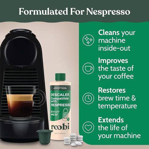 طقم Roobi Descaling and Cleaning متوافقة مع Nespresso Originaline. يتضمن زجاجة واحدة من محلول التخلص ، و 12 قرصًا للتنظيف و 1 جراب قابل لإعادة الاستخدام. كربون محايد. 1 سنة العرض. in Kuwait