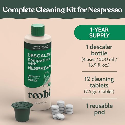 طقم Roobi Descaling and Cleaning متوافقة مع Nespresso Originaline. يتضمن زجاجة واحدة من محلول التخلص ، و 12 قرصًا للتنظيف و 1 جراب قابل لإعادة الاستخدام. كربون محايد. 1 سنة العرض. in Kuwait