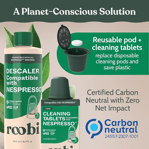 طقم Roobi Descaling and Cleaning متوافقة مع Nespresso Originaline. يتضمن زجاجة واحدة من محلول التخلص ، و 12 قرصًا للتنظيف و 1 جراب قابل لإعادة الاستخدام. كربون محايد. 1 سنة العرض. in Kuwait