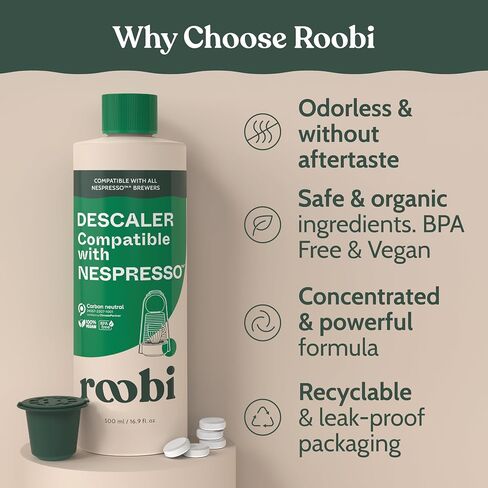 طقم Roobi Descaling and Cleaning متوافقة مع Nespresso Originaline. يتضمن زجاجة واحدة من محلول التخلص ، و 12 قرصًا للتنظيف و 1 جراب قابل لإعادة الاستخدام. كربون محايد. 1 سنة العرض. in Kuwait