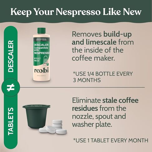 طقم Roobi Descaling and Cleaning متوافقة مع Nespresso Originaline. يتضمن زجاجة واحدة من محلول التخلص ، و 12 قرصًا للتنظيف و 1 جراب قابل لإعادة الاستخدام. كربون محايد. 1 سنة العرض. in Kuwait