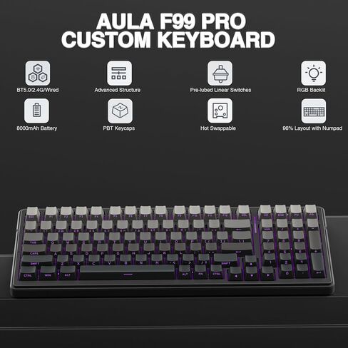 Aula F99 Pro Wireless Mechanical Keyboard ، لوحة مفاتيح مخصصة قابلة للتبديل الساخنة ، الإضاءة الخلفية RGB ، مفاتيح خطية خطية مسبقًا ، مفاتيح ألعاب ميكانيكية 2.4 جيجا هرتز/USB-C/BT5.0 (متجددة) in Kuwait