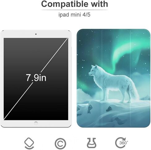 الذئب الثلجي مع حالة Aurora Borealis مع حامل القلم Trifold Trifold Slim متوافق مع iPad Mini 4/5/6 Mini6 （8.3in） in Kuwait