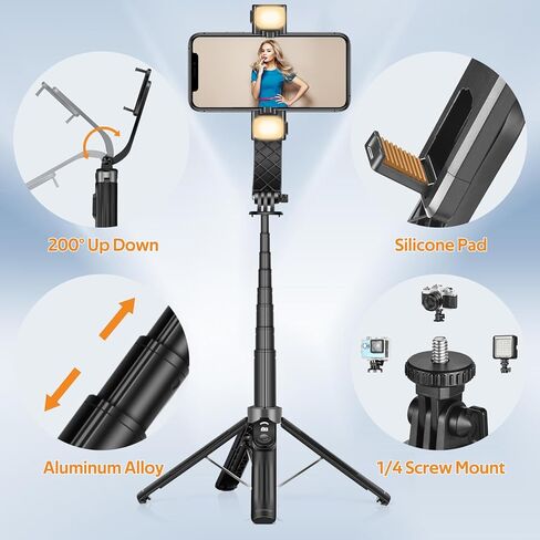 UTEBIT Selfie Stick, Updated 4-Foot Selfie Stick Tripod, 40 inch Extendable Phone Stick, Lightweight Aluminum 6 in 1 Phone Tripod with Remote, Fill Lights Compatible with All Type Cell Phones in Kuwait
