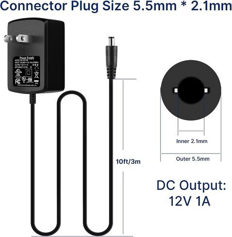 Hiseeu 12V 1A Power Supply, AC 100-240V to DC 12V 1A 1000mA Power Adapter w/5.5x2.1mm Tips, FCC, UL-Listed, 10 Feet Power Cord for Security Cameras, Router, LED Strip Light, Home Appliances, Scanner in Saudi Arabia